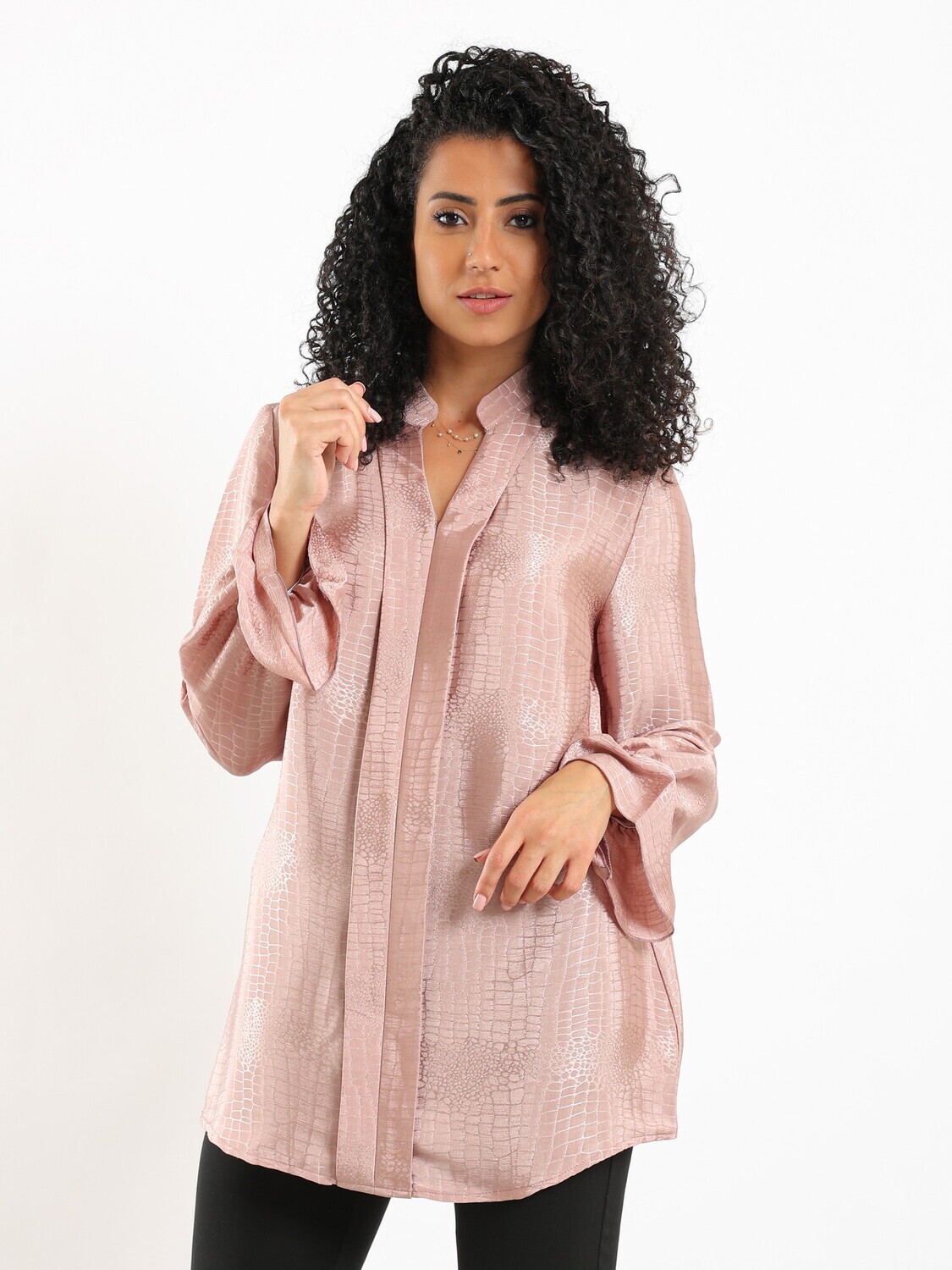 Self Patterned V Neck Long Sleeved Blouse With Poet Cuffs - Cashmir 2977