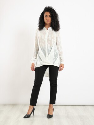 High-Low Self Patterned Buttoned Long Sleeved Blouse With Overlapped Hem -  Off White 2978