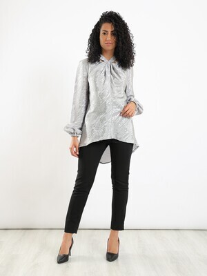 Self Patterned High-Low Long Sleeved Blouse With Twisted Cut-Out Neckline and Elasticated Cuffs - Grey 2979