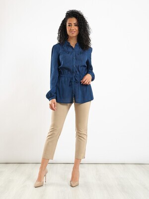 Self Patterned Buttoned Long Sleeved Blouse With Drawstring Waist - Dark Blue 2982