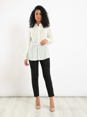 Self Patterned Buttoned Long Sleeved Blouse With Drawstring Waist - Off White 2982