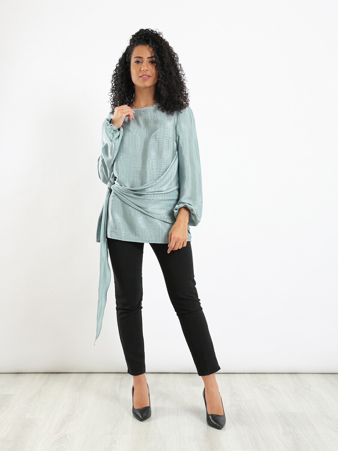 Self Patterned Long Sleeved Blouse with Attached Side Knot Wrap - Green 2981