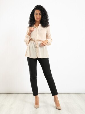 Self Patterned Buttoned Long Sleeved Blouse With Drawstring Waist - Simon 2982