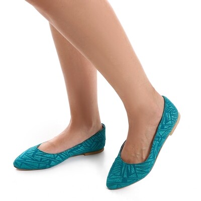 Textured Triangles Patterned Pointed Toecap Flat Ballerina - Teal Green 3948