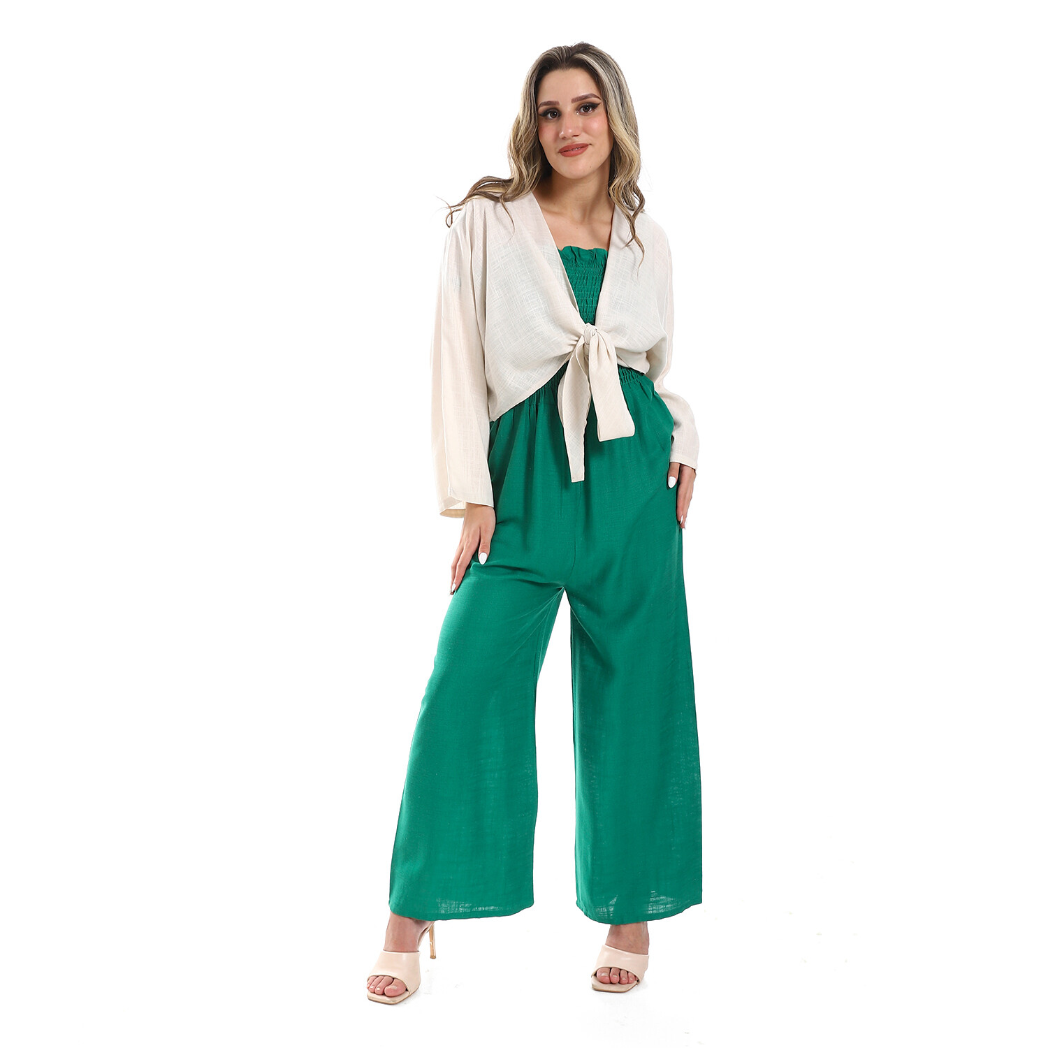 Tie Strap Shirred Bust Jumpsuit With Off-White Cardigan - Green 2988