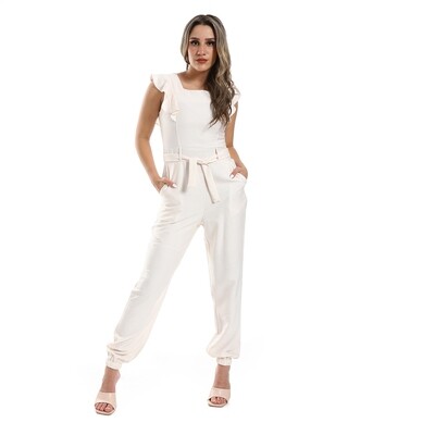 Sleeveless Ruffled Shoulder Plain Jumpsuit With Elasticated Ankle - Off-White 2995