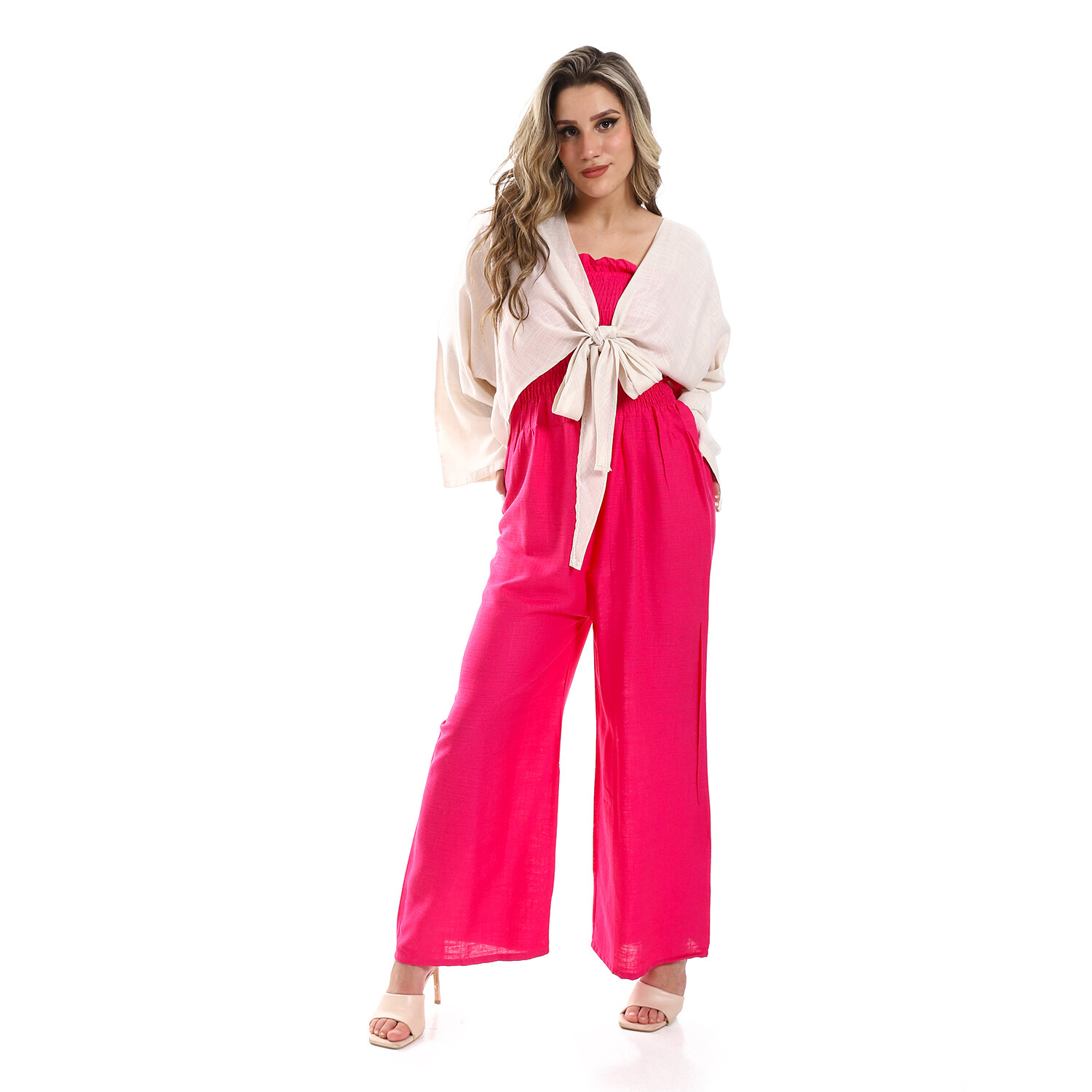 Tie Strap Shirred Bust Jumpsuit With Off-White Cardigan - Fuchsia 2988