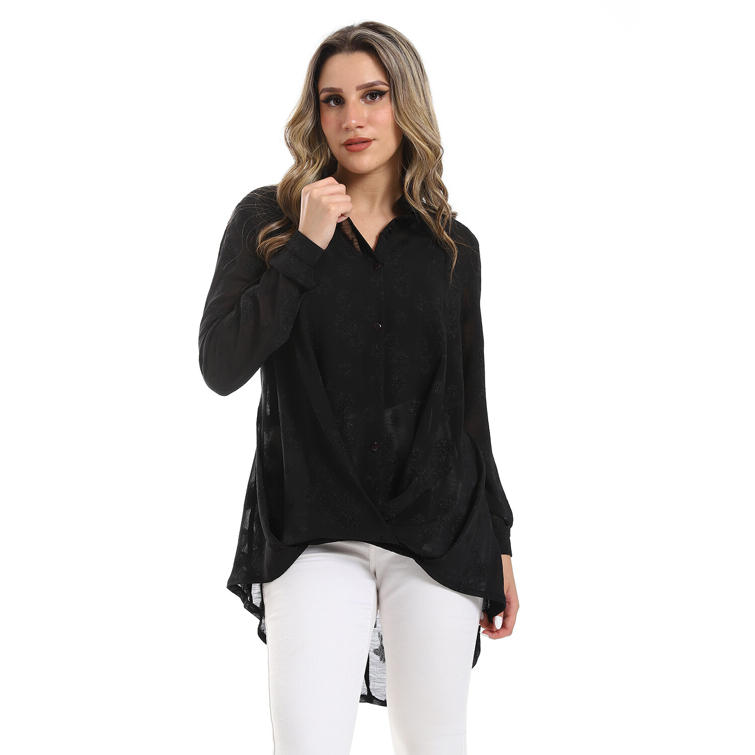 High-Low Self Patterned Buttoned Long Sleeved Blouse With Overlapped Hem - Black 2978