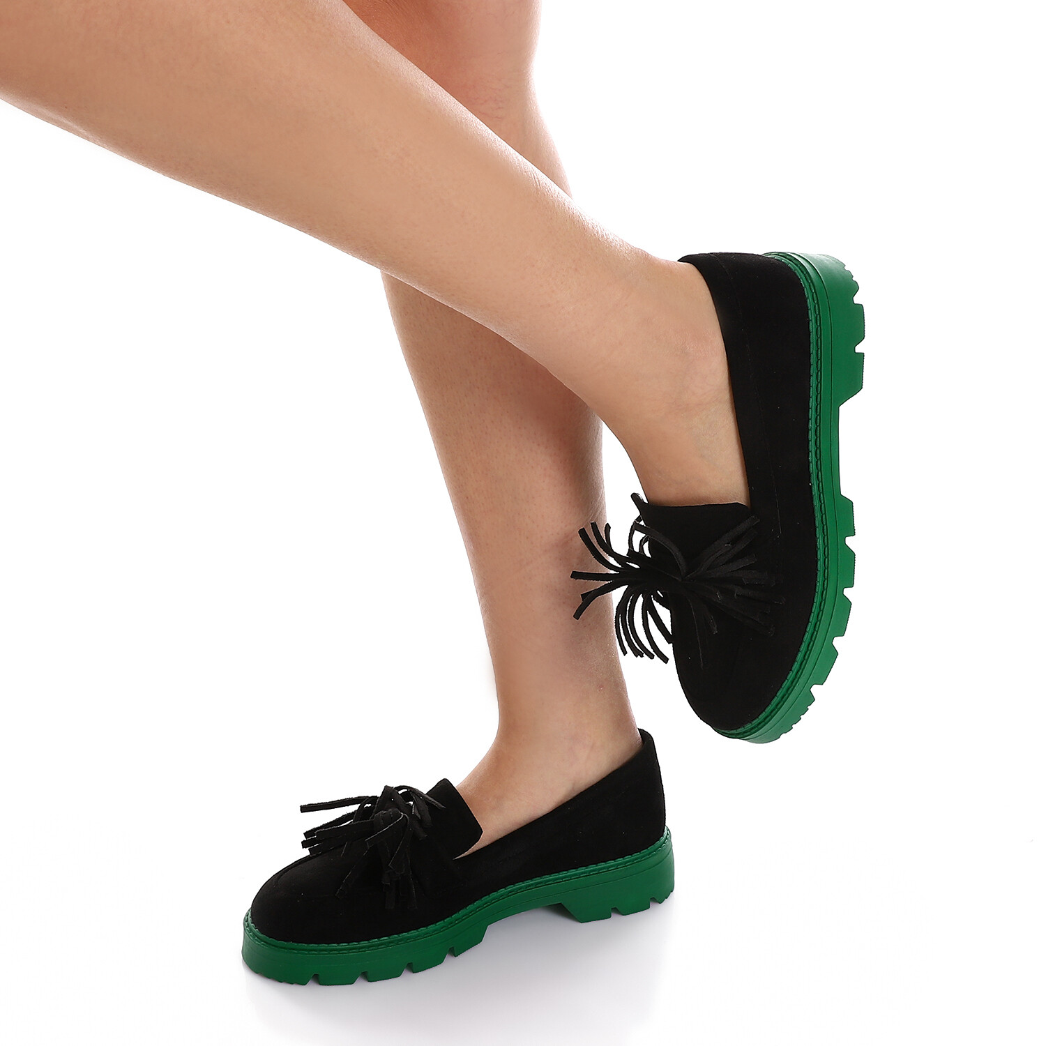 Suede Platform Slip On Shoes With Contrast Sole and Decorative Tassel - Black and Green 3952