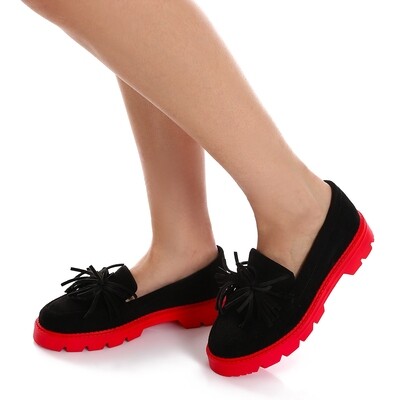 Suede Platform Slip On Shoes With Contrast Sole and Decorative Tassel - Black and Fuchsia 3952