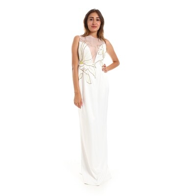 Sleeveless Plain Long Soiree Dress With Golden Beaded Pattern - White 8731