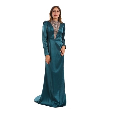 Long Sleeved Long Soiree Dress with Beige Beaded Chest Detail - Teal Green 8736