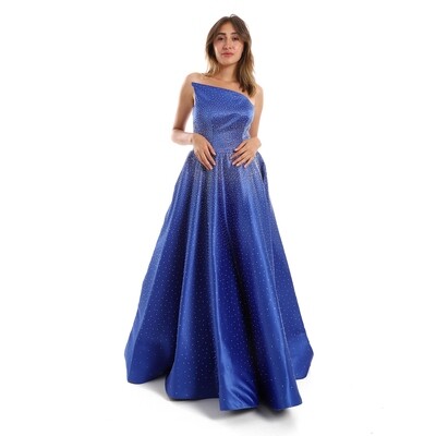 Strapless Asymmetric Pointy Neckline Long Soiree Dress With All Over Rhinestones - Blue 8741