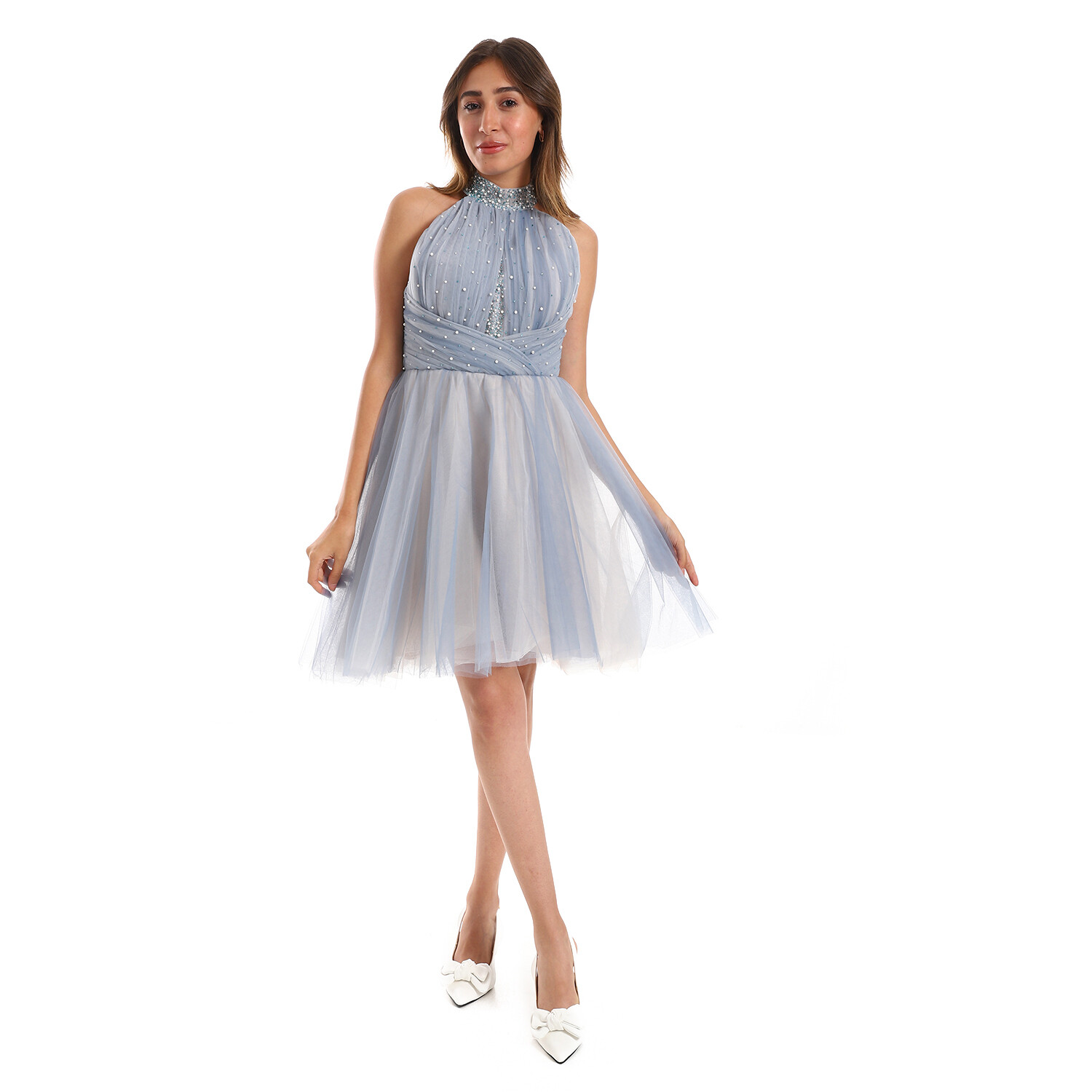 Halter Neck Tulle Soiree Short Dress With Beaded Pattern On Bust - Baby Blue 8743