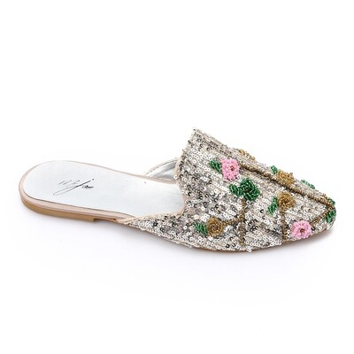 Slip On Embroidered Mules - Silver, Green & Pink 3992