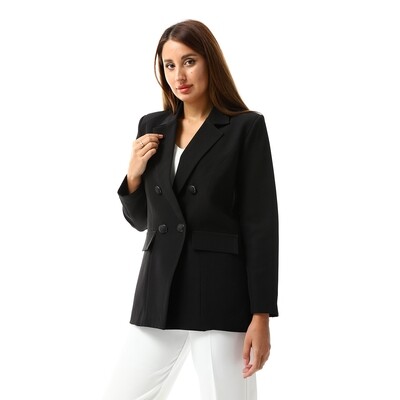 Double Breasted Notched Collar Black Blazer 2847