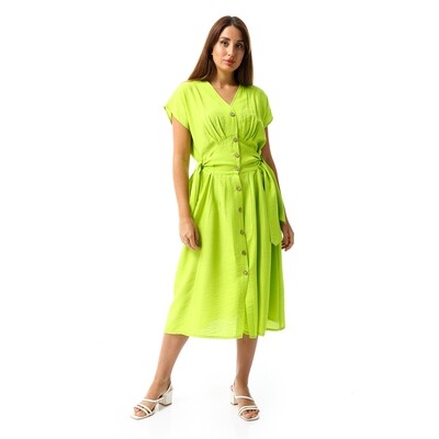 Cap Sleeves Buttons Closure With Waist Lace Kiwi Green Dress 2846