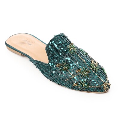 Slip On Embroidered Mules - Olive 3992