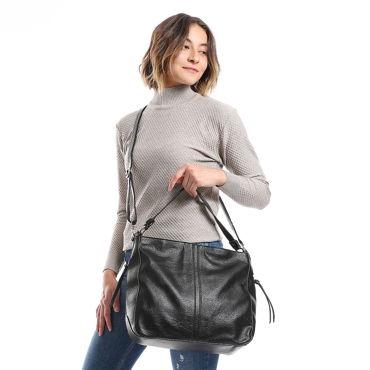 Simple Textured Leather Shoulder Bag - Black 4978