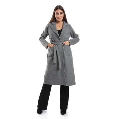 Turn Down Collar Wrap Coat With Adjustable Belt - Heather Grey 2850