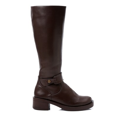 Round Toecap Zipper Knee High Boots - Chocolate Brown 3333