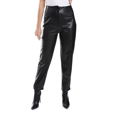 Black Leather Plain Straight Trousers 2864