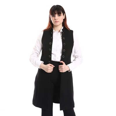 Patterned Decorative Buttons Wool Blend Long Vest -Black 2875