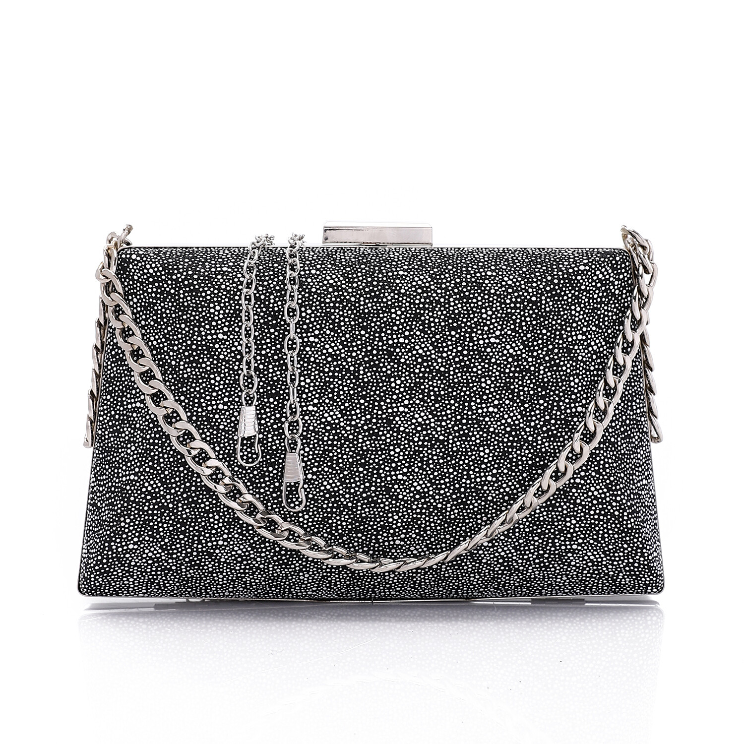 One Main Compartment Synthetic Glittery Clutch - Black 4993