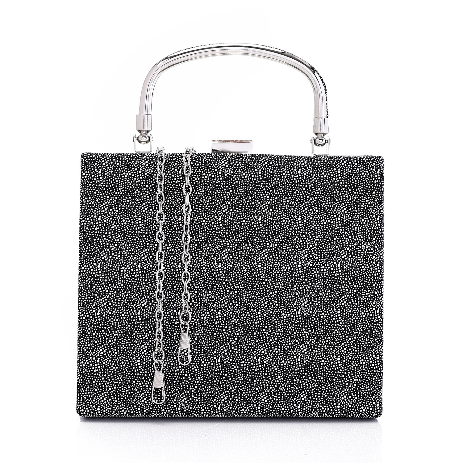 Press Button Closure Glittery Handbag - Black 4995