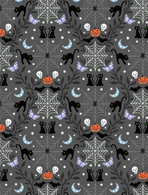 Lewis & Irene - Cobwebs & Cats - Grey - A576.3 - Glow in the Dark (Width of Fabric By 25cm) - R3