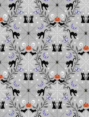 Lewis & Irene - Cobwebs & Cats - Light Grey - A576.1 - Glow in the Dark (Width of Fabric By 25cm) - R3