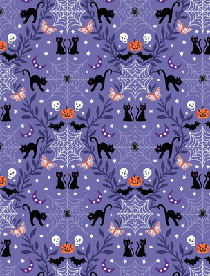 Lewis & Irene - Cobwebs & Cats - Purple - A576.2 - Glow in the Dark (Width of Fabric By 25cm) - R3