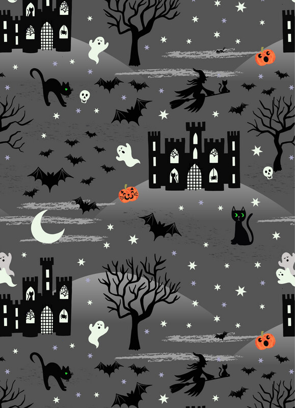Lewis & Irene - Castle Spooky - Grey - A572.3 - Glow in the Dark (Width of Fabric By 25cm) - R3