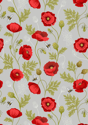 Lewis & Irene - Poppies - Poppy & Bee On Light Grey A553.1 (Width of Fabric By 25cm) - R3