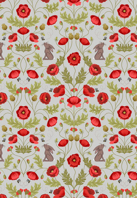 Lewis & Irene - Poppies - Poppies & Hare On Light Grey A557.1 (Width of Fabric By 25cm) - R3
