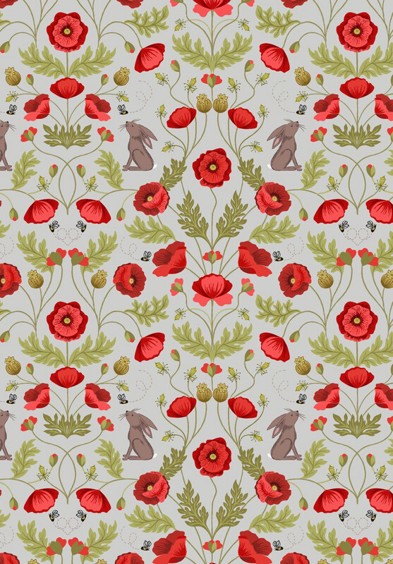 Lewis & Irene - Poppies - Poppies & Hare On Light Grey A557.1 (Width of Fabric By 25cm) - R3