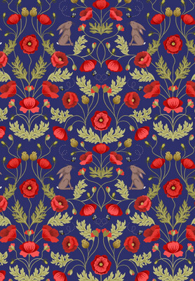 Lewis & Irene - Poppies - Poppies & Hare On Blue A557.3 (Width of Fabric By 25cm) - R3