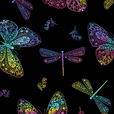 Rainbow Gardens - Rainbow Butterflies - Black - 9897-K - Long Quarter (Width of Fabric By 25cm) - R3