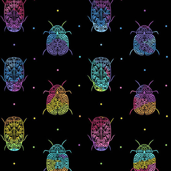 Rainbow Gardens - Rainbow Bugs - Black - 9898-K - Long Quarter (Width of Fabric By 25cm) - R3