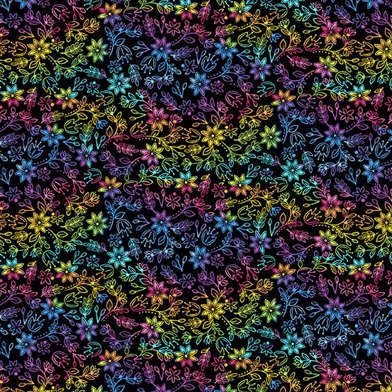 Rainbow Gardens - Rainbow Meadow - Black - 9900-K - Long Quarter (Width of Fabric By 25cm) - R3