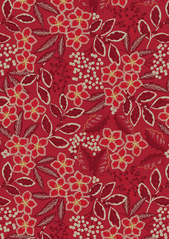 Lewis & Irene - Noel - Red Christmas Noel Floral - A66.3 (Width of Fabric By 25cm) - W15.2