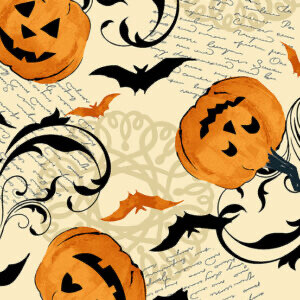 Makower 9780-L - Halloween - Haunt - Cream Happy Pumpkins - Long Quarter (Width of Fabric By 25cm) - R3