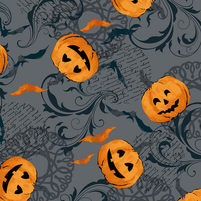 Makower 9780-C - Halloween - Haunt - Charcoal Happy Pumpkins - Long Quarter (Width of Fabric By 25cm) - R3