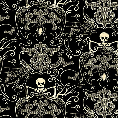 Makower 9781-KL - Halloween - Haunt - Cream Skeletons On Black - Long Quarter (Width of Fabric By 25cm) - R3