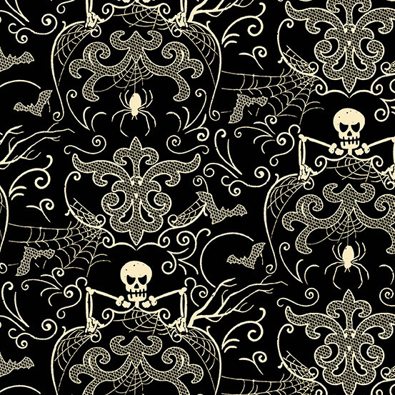 Makower 9781-KL - Halloween - Haunt - Cream Skeletons On Black - Long Quarter (Width of Fabric By 25cm) - R3
