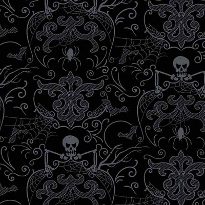 Makower 9781-K - Halloween - Haunt - Grey Skeletons On Black - Long Quarter (Width of Fabric By 25cm) - R3