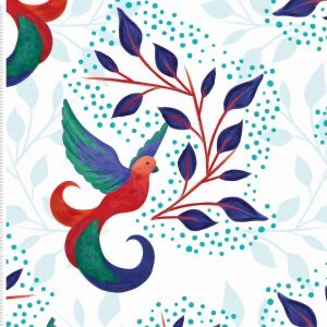 Sarah Payne - Birds Of Paradise - 2753-02 - Birds & Leaves On White - Long Quarter (Width of Fabric By 25cm) - R2