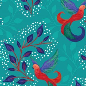 Sarah Payne - Birds Of Paradise - 2753-07 - Birds & Leaves Turquoise - Long Quarter (Width of Fabric By 25cm) - R2