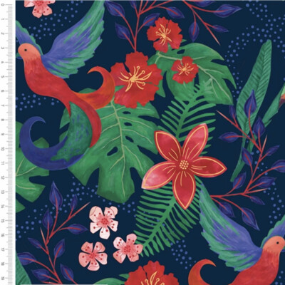 Sarah Payne - Birds Of Paradise - 2753-06 - Birds & Flower Navy - Long Quarter (Width of Fabric By 25cm) - R2