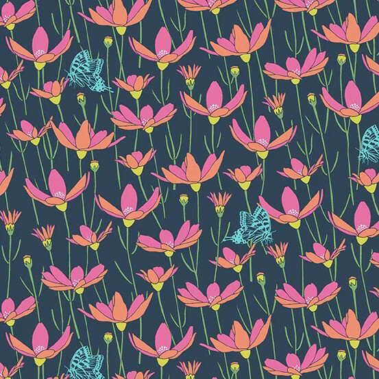 Andover - 9995-B - Patty Sloniger- Fauna & Flora - Meadow - Navy - Long Quarter (Width of Fabric By 25cm) - R2 & W13.4